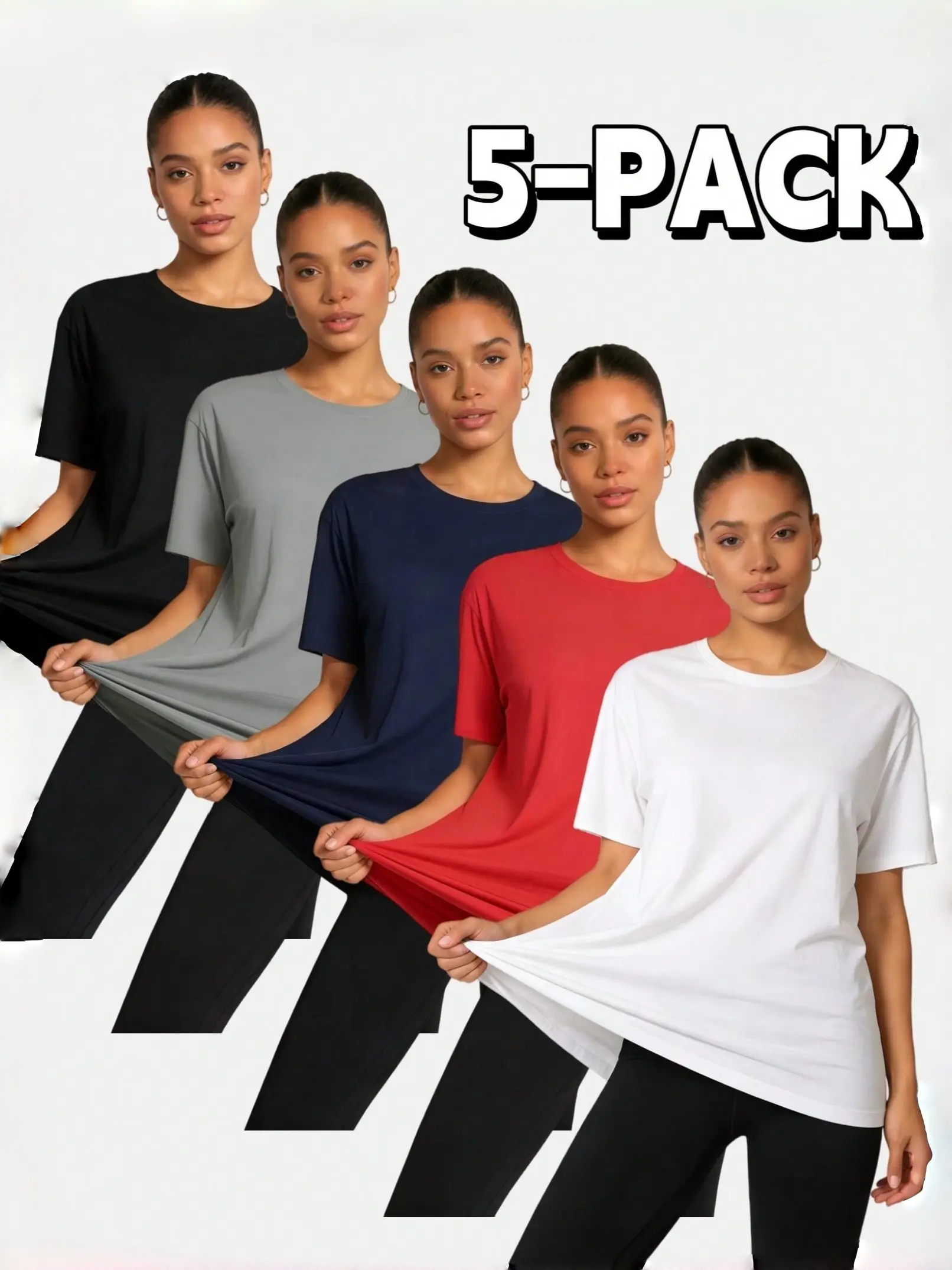 Women's 5-Pack Oversized Short Sleeve Boyfriend Tshirts - Polyester, Loose-Fitting, Quick Dry, Breathable Workout Shirts, Athletic Wear for Students