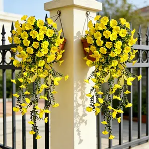 4pcs Large Spring Yellow Trumpet Flower Simulated Morning Glory Decor, Artificial Hanging Plants | Vibrant Flowers and Eucalyptus Leaves for Decoration | No Electricity Required | Maintenance-Free Artificial Flowers | Ideal for Home | Yard | Patio |