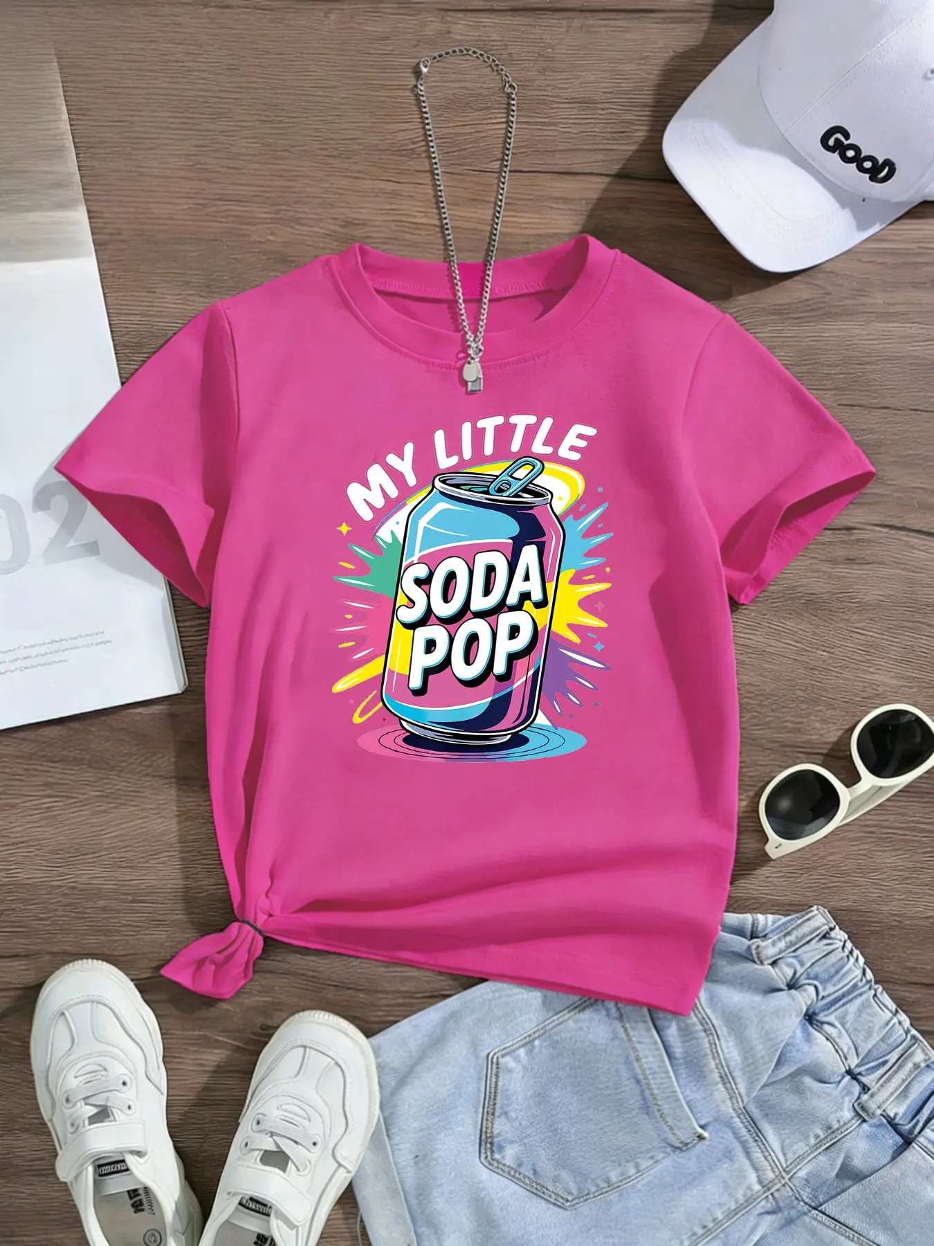 Girls' Casual Short Sleeve T-Shirt, Graphic Tee, graphic printed tees, Beverage Bottle Print, Elastic Fabric, Fitted, Outdoor Indoor Activities, Kids Fashion Clothing