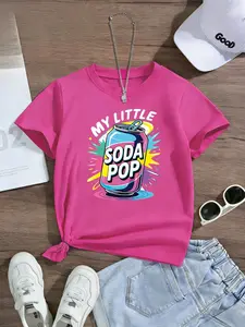 Girls' Casual Short Sleeve T-Shirt, Graphic Tee, Beverage Bottle Print, Elastic Fabric, Fitted, Outdoor Indoor Activities, Kids Fashion Clothing