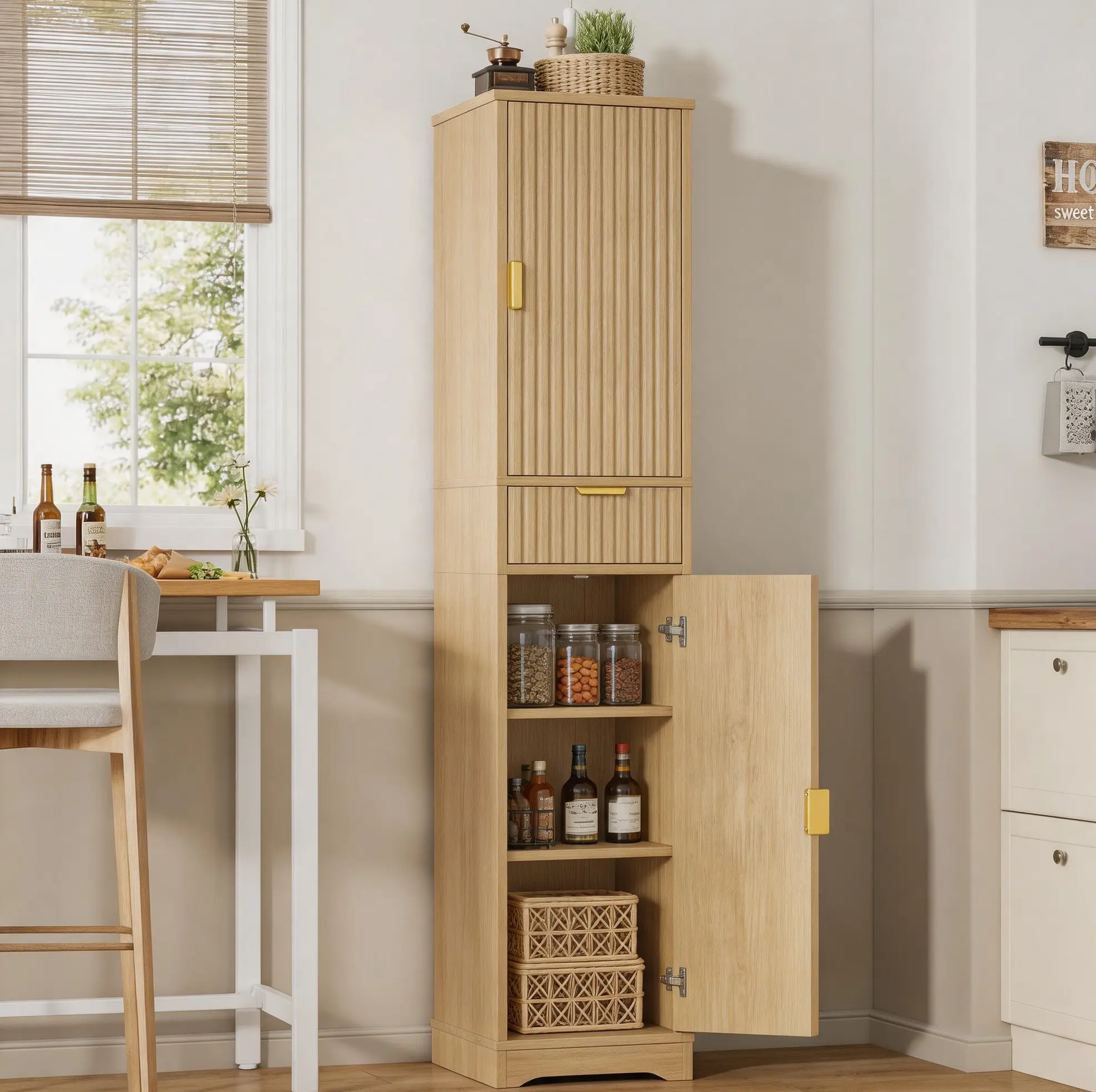 66.9'' Tall Fluted Storage Cabinet with Adjustable Shelves & 2 Doors and 1 Drawers, Narrow Pantry Cabinet Bathroom Cabinet with Metal Handle for Bathroom, Living Room, Home Office, Natural.