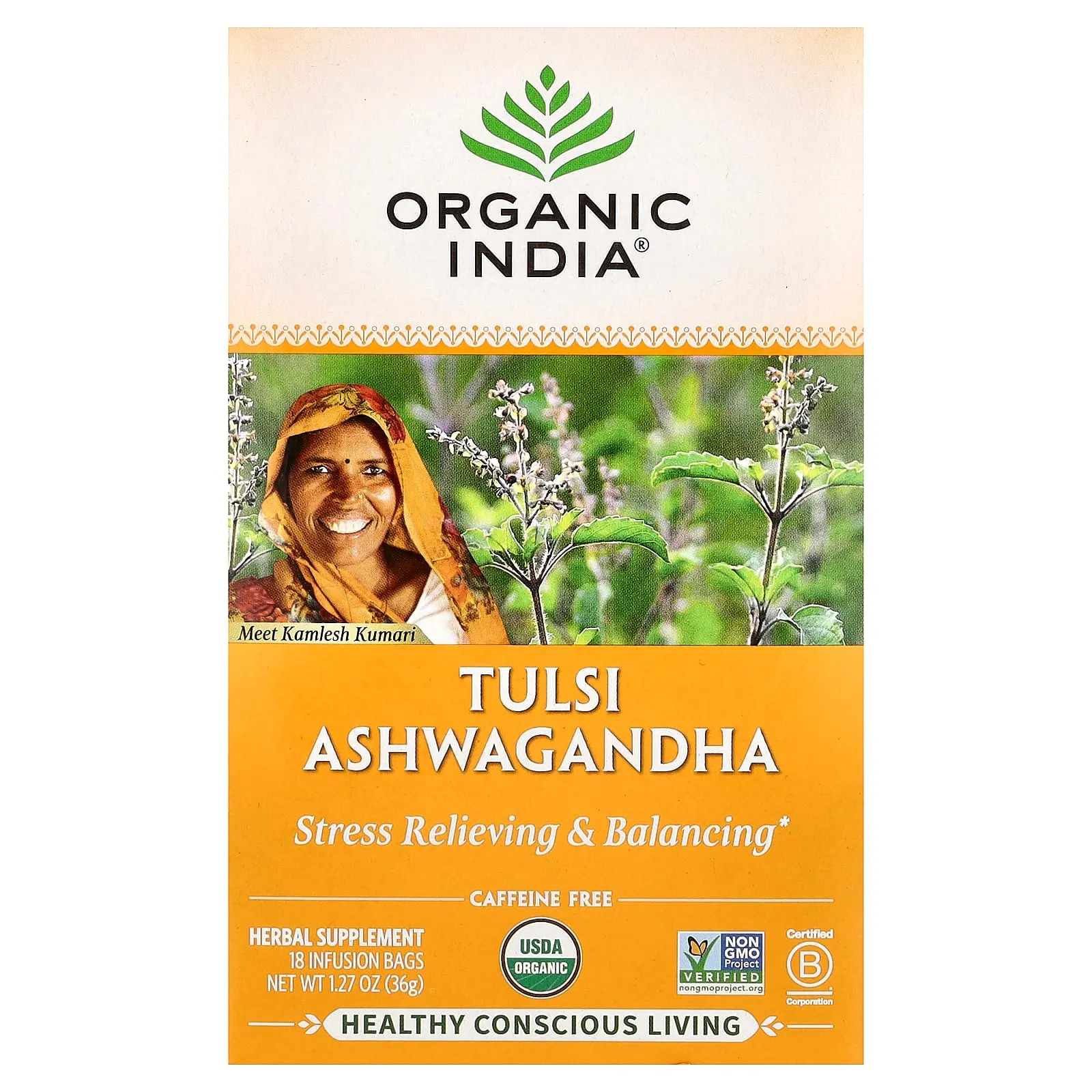 Organic India Tulsi Ashwagandha Tea, Caffeine Free, 18 Infusion Bags, 1.27 oz (36 g)