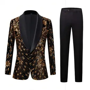 Men’s Two-Piece Suit: Colorful, Shiny Sequin Blazer Jacket with Lapels and a Slim Fit, Paired with Formal Dress Pants — Perfect for Dinner, Prom, and Parties