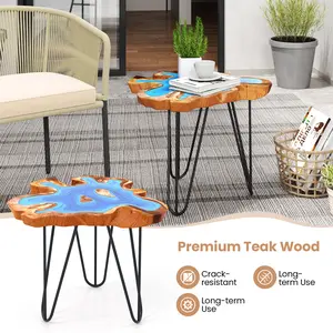 COSTWAY - 21 Inch Outdoor Epoxy Resin Teak Wood End Table with Irregular Tabletop