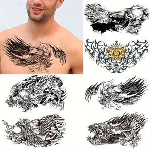 Dragon Temporary Tattoo for Men, 6-Pack Large Realistic Back Chest Tattoos Stickers, Long-lasting Horizontal Tiger Death Fake Tattoos, Makeup for Adults Body Shoulder