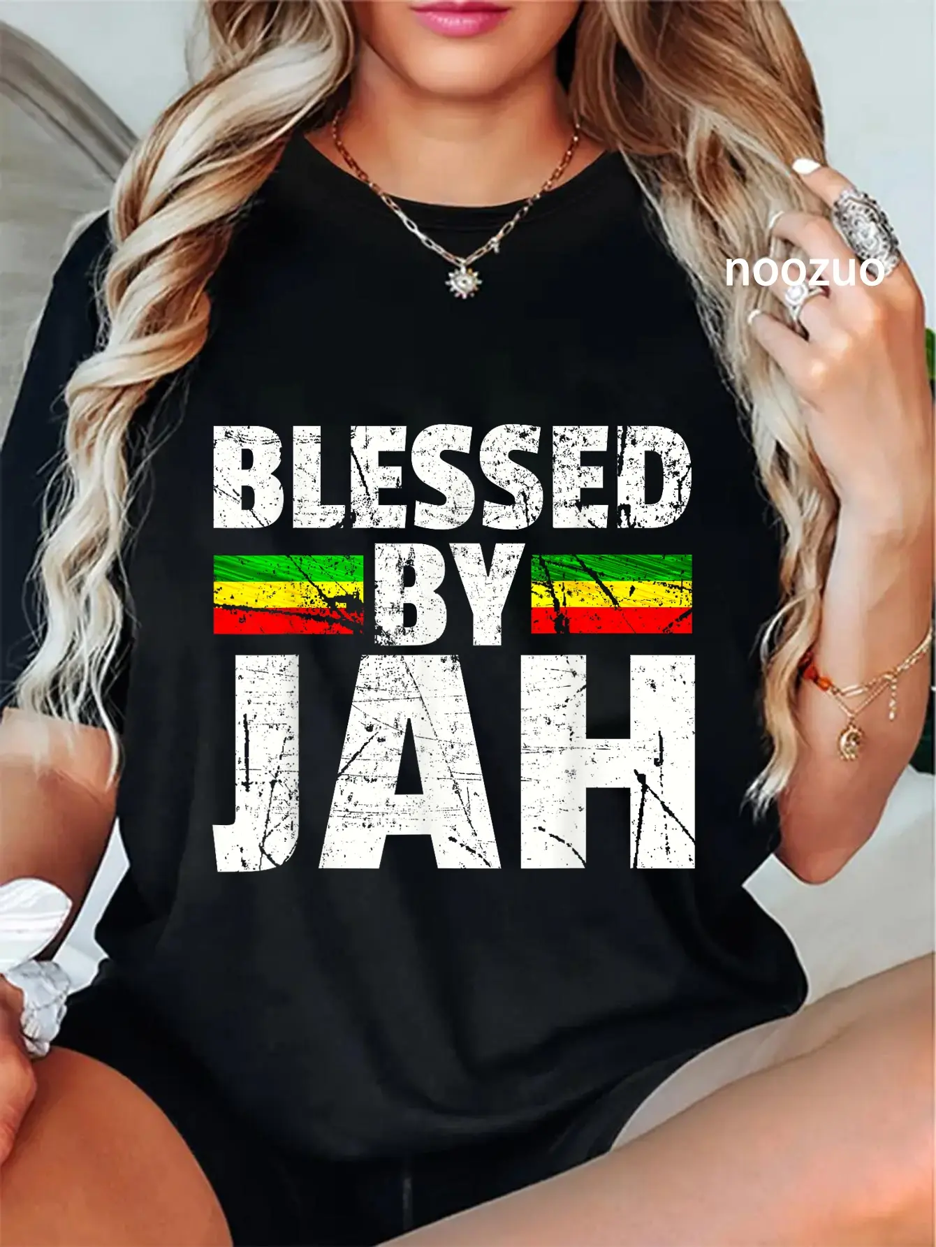 Casual Graphic T-Shirt for Women | 100% Cotton Rasta Reggae Blessed by Jah Design | Everyday Short Sleeve Round Neck Style, Shortsleeve, Street Casual, Vintage, Playful, Distressed Look, Clothes