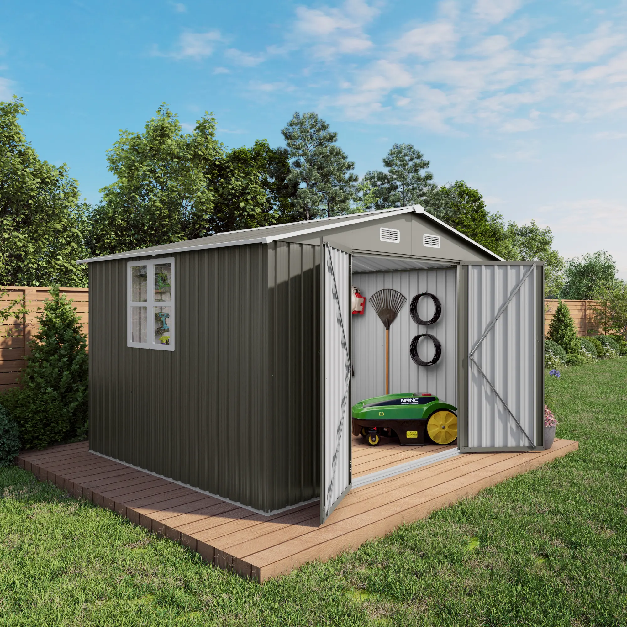 10x12 FT Outdoor Metal Storage Shed for Backyard & Patio, Large Garden Tool Shed with Double Doors & Translucent Windows, Waterproof Utility Building for Lawn & Poolside