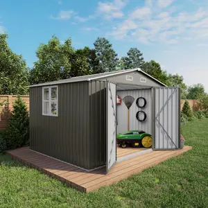 10x12 FT Outdoor Metal Storage Shed for Backyard & Patio, Large Garden Tool Shed with Double Doors & Translucent Windows, Waterproof Utility Building for Lawn & Poolside