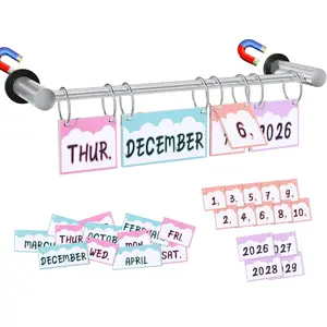Flip Calendar for Classroom, Magnetic Rod for Whiteboard, Adjustable Flip Calendar Holder Set Includes 55 Date Cards for Classroom Home Decor