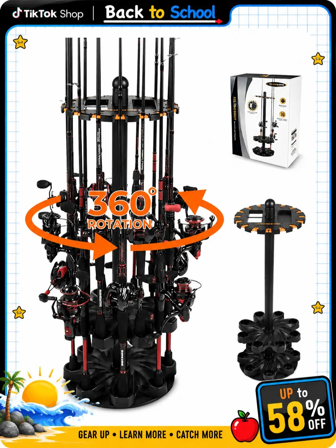 [Back to School]KastKing V16 Rotating Fishing Rod Holder OR V15 Without Rotating Base, Floor Rack Holds Up to 16 Rods & Combos, Space-Saving Pole Organizer with Foam, Durable ABS, Fishing Gear Storage Gift for Men