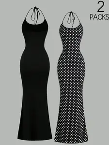 Women's Halter Neck Sleeveless Maxi Dress, Elegant Chic Formal Bodycon Mermaid Style, Leopard & Solid Color Options, Soft Stretchy Material, Perfect for Evening Parties, Womenswear, Fashion