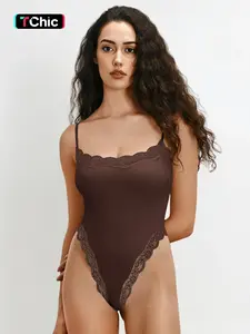 Women's Sexy Solid Color Spaghetti Strap Lace Trim Lace Detail Compression Shaping Bodysuit