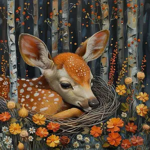 5D DIY Diamond Arts Colorful Painting Kit, Handicraft, Deer & Flower & Tree Pattern Round Diamond Arts Colorful Painting, DIY Decorative Art Picture for Beginner