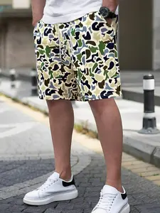 Men's Camo Print Shorts, Regular Fit Elastic Casual Street Comfy Breathable Shorts for Summer, Men's Bottoms for Beach Vacation