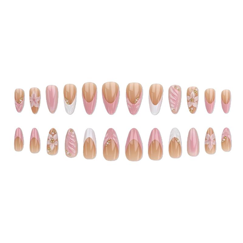 3D Pink Press on Nails Almond - Medium French Tip Fake Nails with Embossed Flower Gold Bead Designs Glossy Finish Reusable False Nails with Glue Tabs 24Pcs Nail Kit Glue on Nails for Women Manicure
