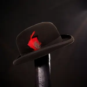 100% Unisex Derby Hat with Rolled Brim, British Style Round Top Luxury Women's Hat, 3 Sizes Available, with Feather Decoration