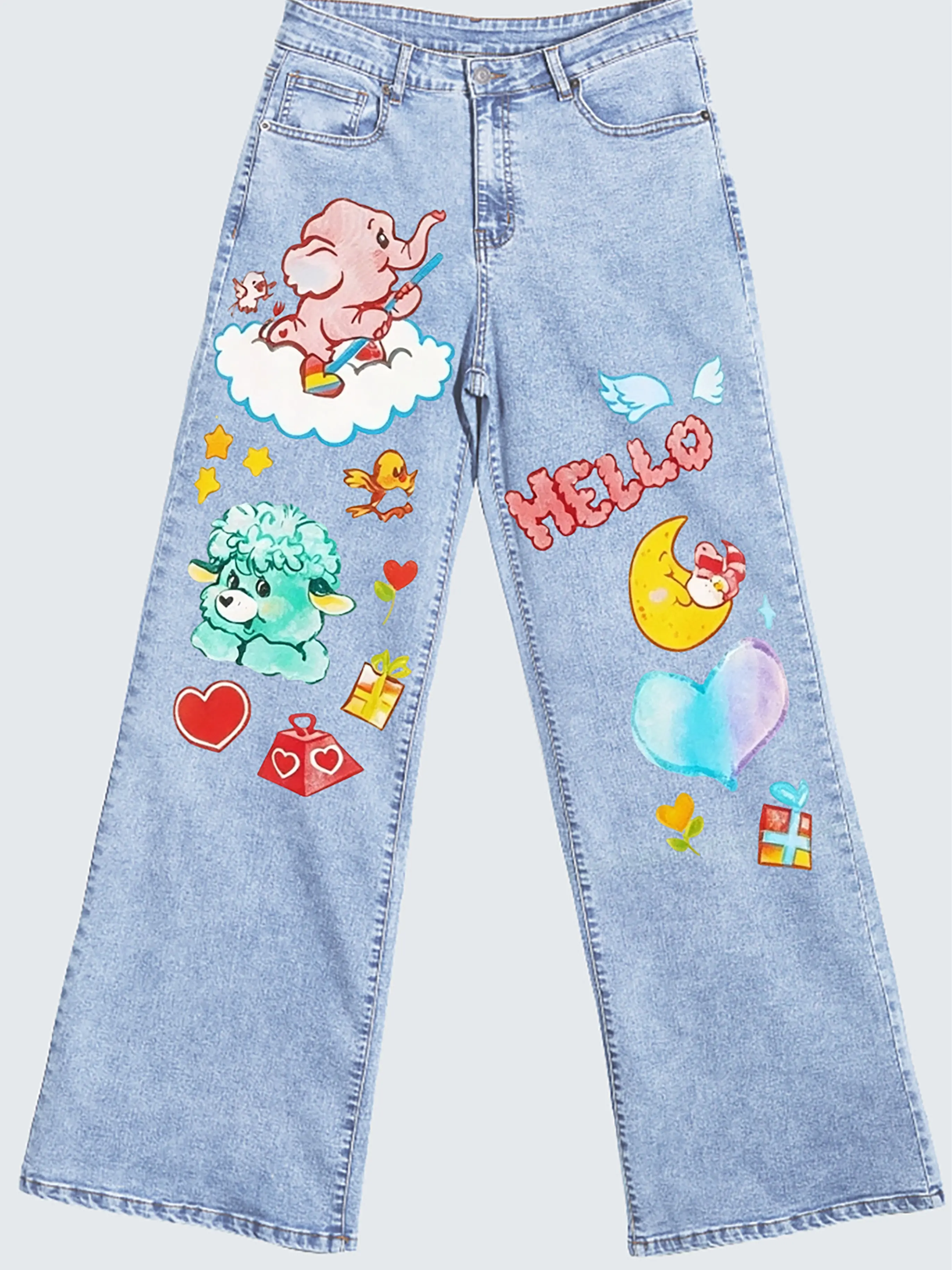 Casual High Waist Wide Leg Jeans with Graphic Elephant Cartoon Prints, Comfy Cottagecore Cropped Denim, Gradient