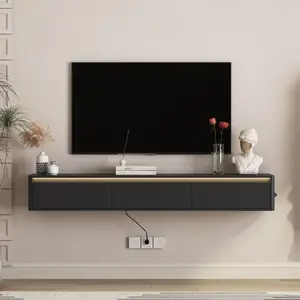 Floating Wall-Mounted TV Stand with LED Lights, Power Outlet, High Gloss MDF, Easy Setup, Black Storage & Decor Piece for Living Room (Model W1321P389542)