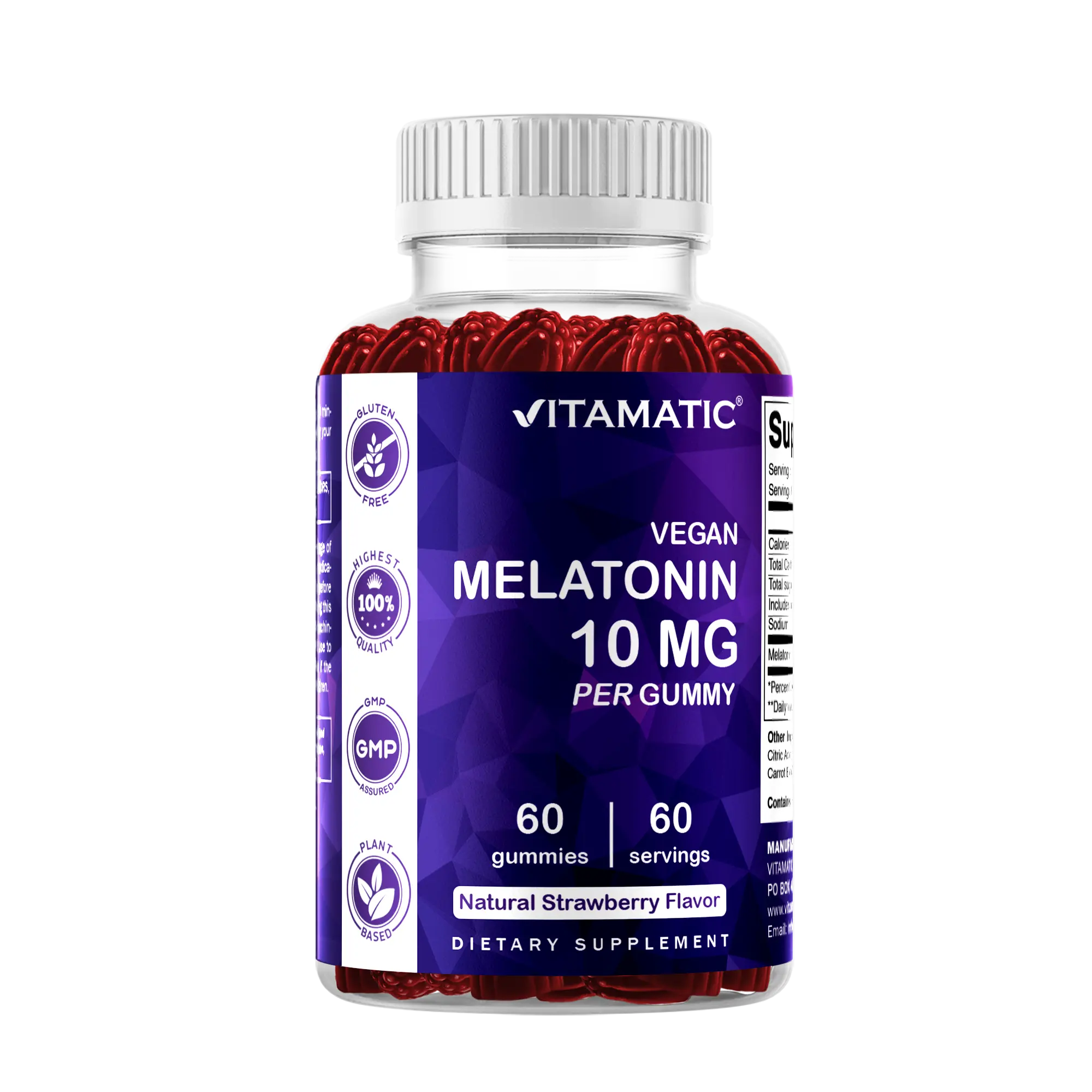 Vitamatic Melatonin 10 mg Gummies, Vegan, Strawberry, 60 Count