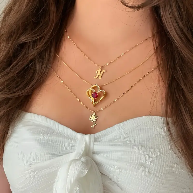 Personalized Gold Plated Layered Necklaces with Birth Stones, Birth Flowers, and Custom Initials - High Quality Fashion Jewelry for Women