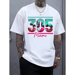 Men'S Miami 305 Graphic T-Shirt - Tropical Miami Beach Palm Tree Design, Lightweight Breathable Fabric for Summer & Spring, Casual Streetwear Everyday Shirt - Ideal for Miami Residents & Visitors, Spring Fashion, Bold Print, Comfortable Fit, Short Sleeve