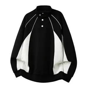 Men's autumn design sense casual loose and versatile high-end sweater, contrasting color splicing retro sports stand-up collar sweater men's, teenagers loose trend pullover men's top coat, soft and comfortable fabric, suitable for daily wear