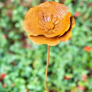 Rusted Metal Poppy Garden Stakes Set of 2, Outdoor Decorative Flowers for Planters, Yard, and Patio, Weathered Steel Art