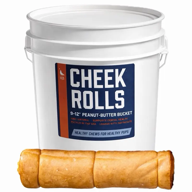 9-12” Peanut Butter Collagen Cheek Roll Bucket (14 Pack) 100% Natural and Extra-Thick - Single-ingredient - Long-lasting for Big Dogs and Aggressive Chewers