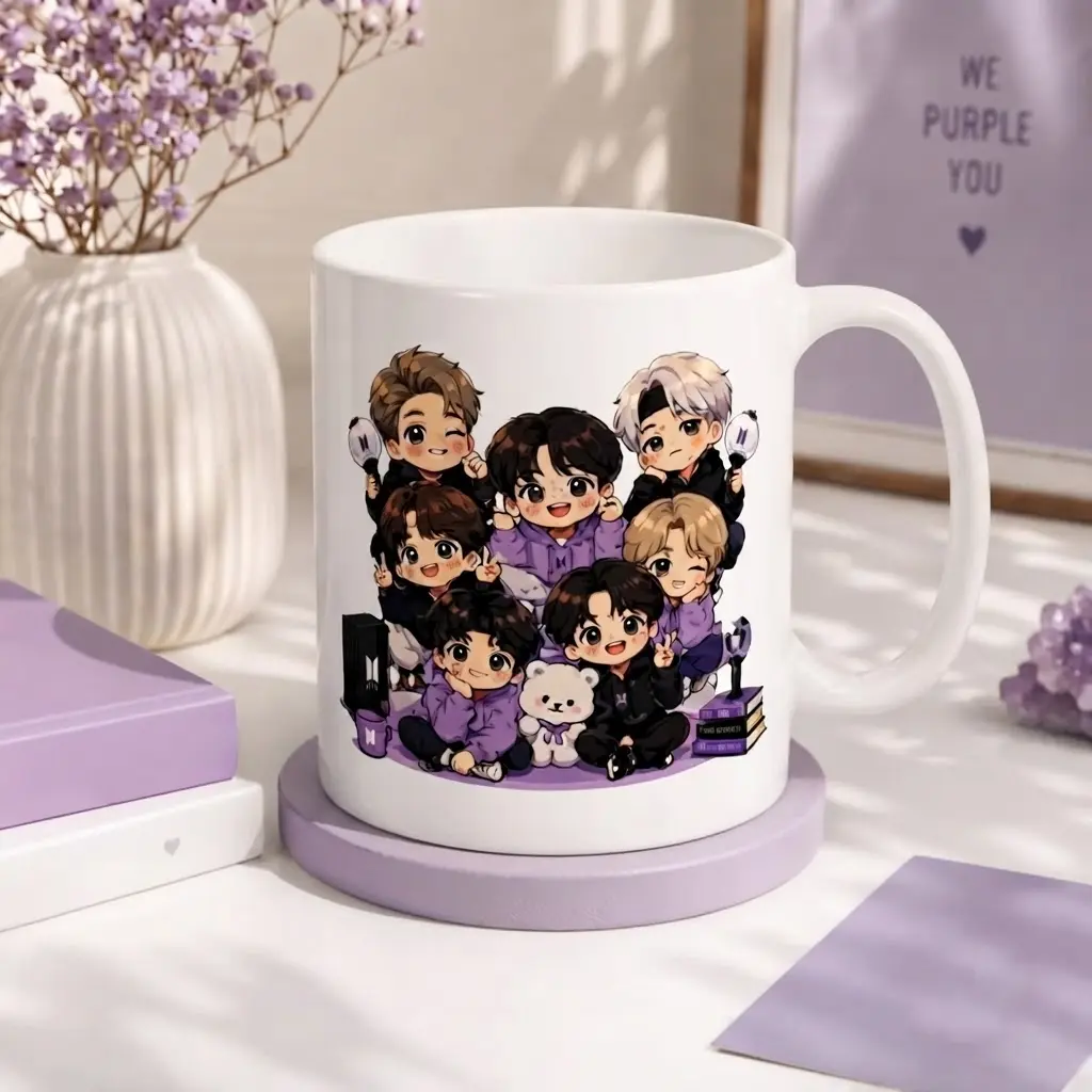 Chibi Ceramic Mug, Cute OT7 Coffee Cup, Purple Accent Mug, Kpop Daily Drinkware