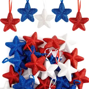 Memorial Day Tree Decorations, 4th of July Decorations Ornaments for Tree, 24pcs Red White Blue Decor Patriotic Ornaments 2.5 Inch Hanging Stars for Independence Day Veteran Day Home Decor