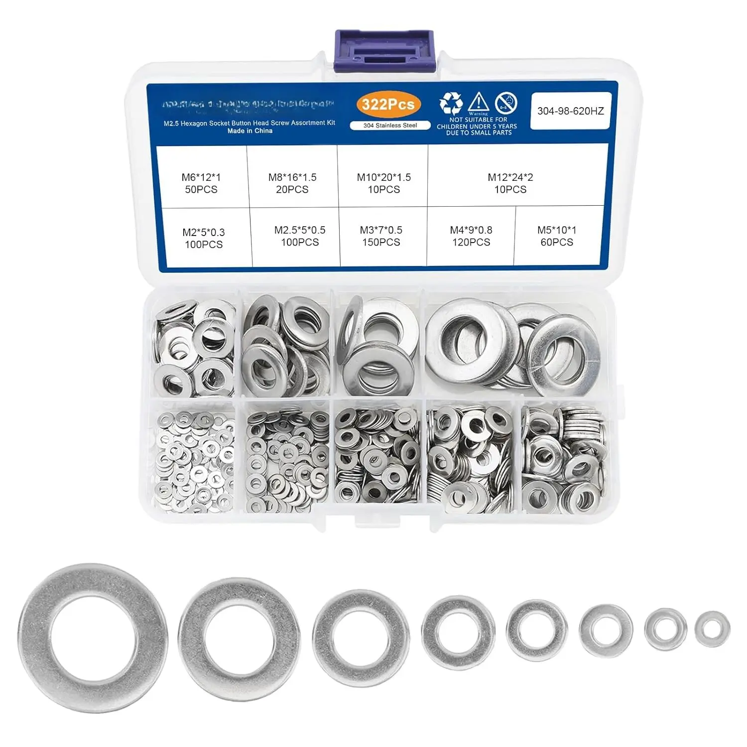 620 count Assorted Washers for Screws, 304 Stainless Steel Flat Washer for Bolt, 9 Sizes Metric Washers Metal Washer Assortment Kit, M2 M2.5 M3 M4 M5 M6 M8 M10 M12 for Replace Washer of Fastener