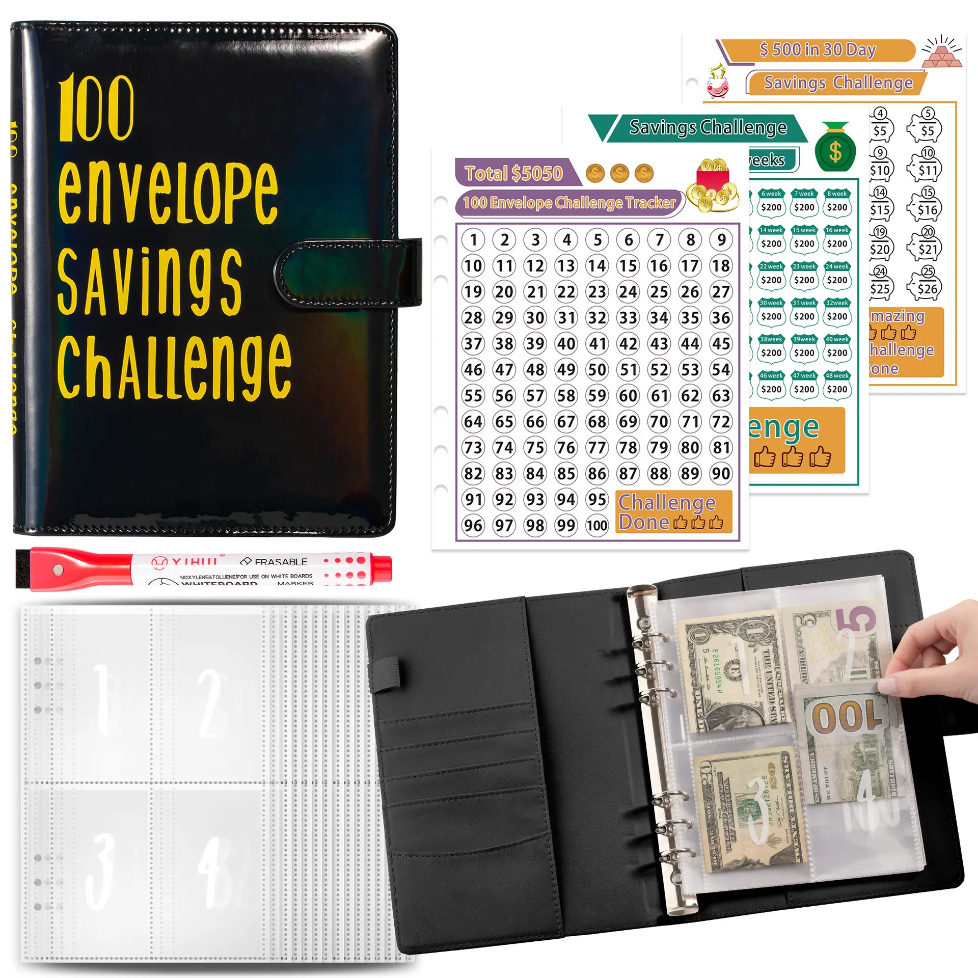 DFGS 100 Envelopes Money Saving Challenge, Money Saving Binder with Cash Envelopes,Challenge DFGS Book to Save $5,050,Budget Binder Book with Cash Envelopes for Home,Office,School