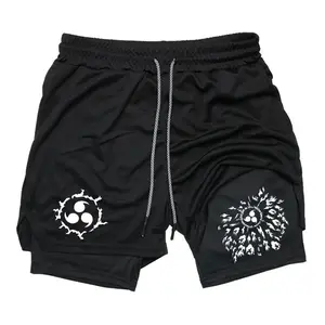 Naruto Cursed Symbol Dark Anime Print 2-in-1 Shorts Sweat Shorts for Men Drawstring Waist Streetwear Style Summer Outfits Men Shorts Gifts for Him