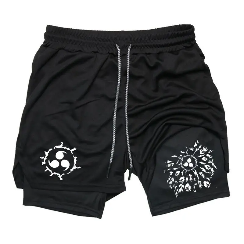 Naruto Cursed Symbol Dark Anime Print 2-in-1 Shorts Sweat Shorts for Men Drawstring Waist Streetwear Style Summer Outfits Men Shorts Gifts for Him