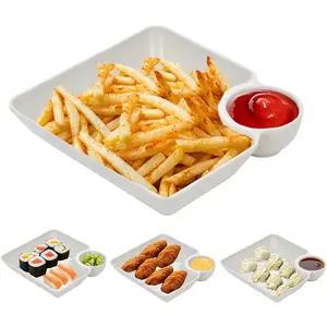 4 count Chips and Salsa Serving Dish Plates, Veggie Platter Dipping Serving Trays with Sauce Rack for Buffet Family Party Appetizer Sushi Taco Salsa Charcuterie Barbecue Plate,  (White 4 count)
