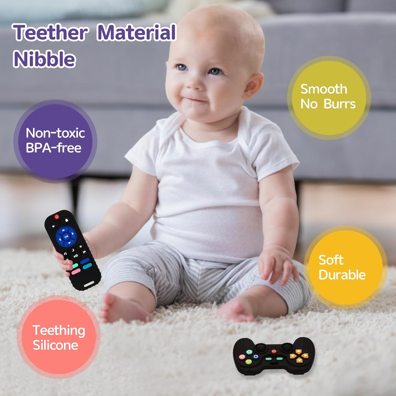 2 Pack Silicone Baby Teething Toys 0-12 Months, Remote Control Teether for Infants, BPA Free Baby Chew Toys, Sensory Teethers for Newborn Boys & Girls, Soft Soothing Teether Gift