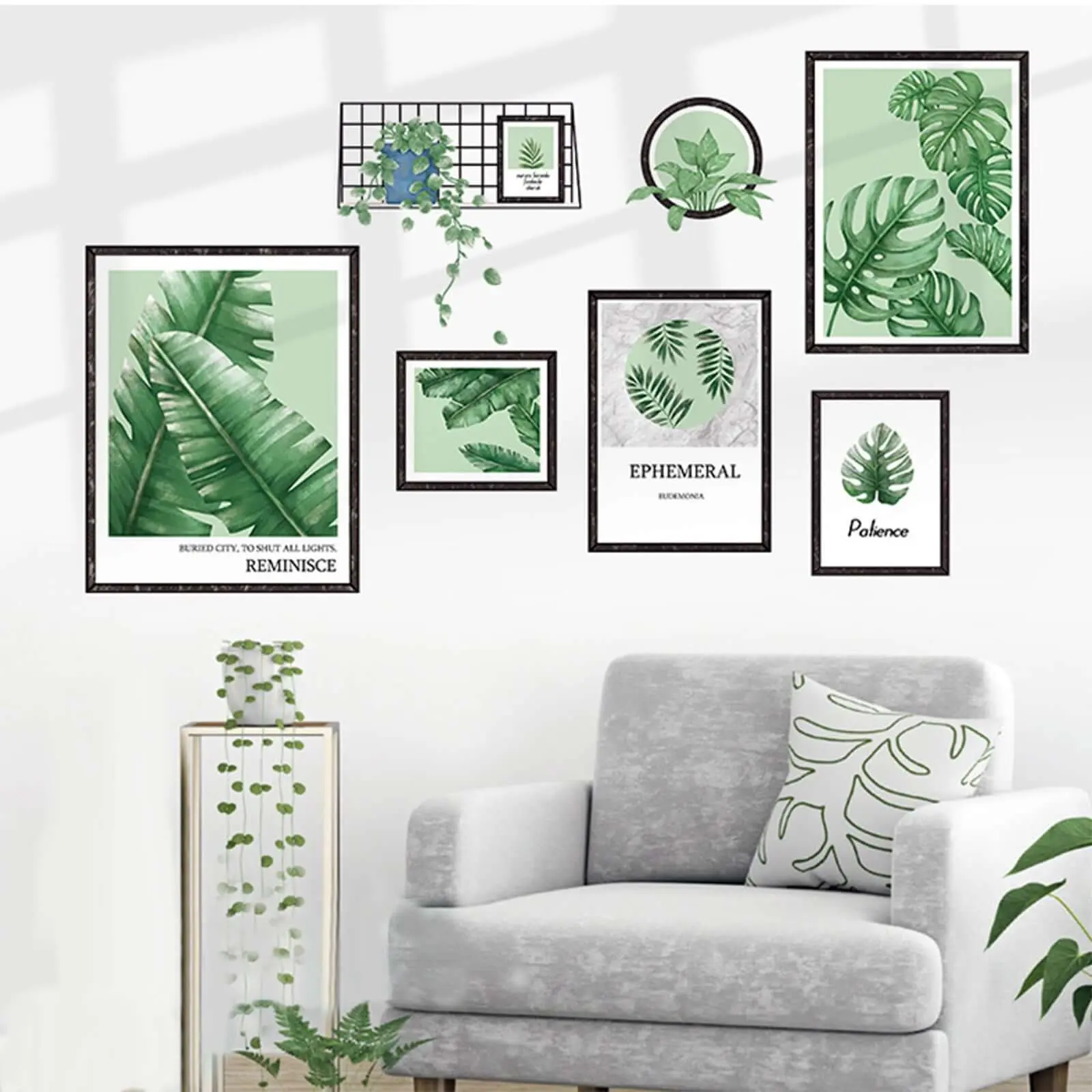 Green Tropical Leaf Shapes Adhesive Vinyl Wall Decals, Flat Frame Art Vinyl Decal Wall Stickers & Murals, Renter-Friendly Easy-Apply Tiles Stickers for Bedroom Home Decor, Tiles Sticker