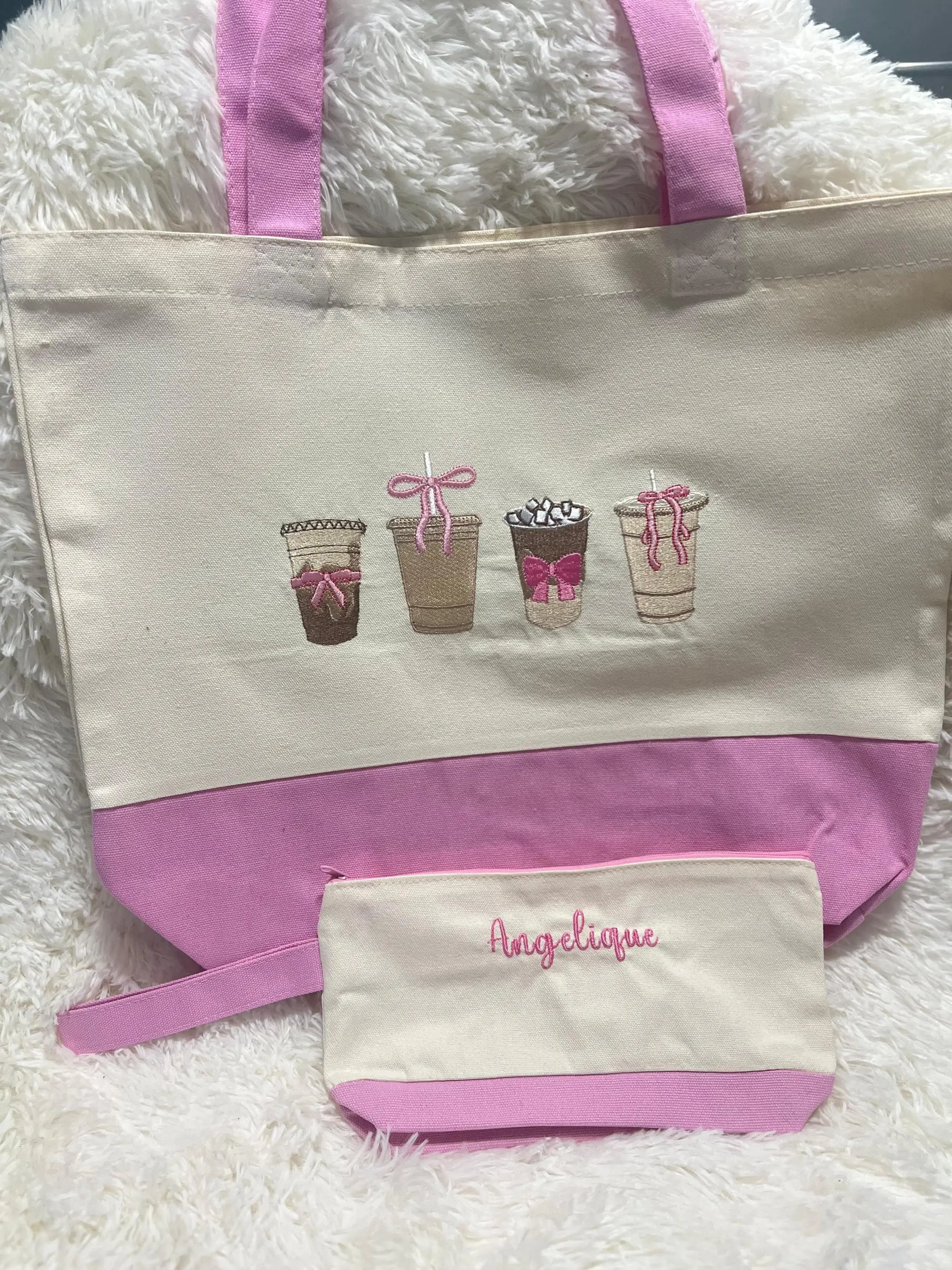 Custom Coffee Lover Embroidery Tote with Cosmetic Bag Included - Stylish Personalized Design for Coffee Lovers & Everyday Use