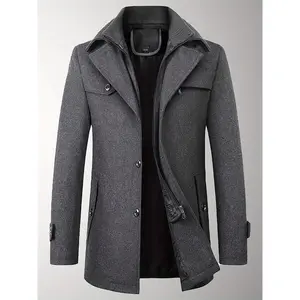 Men's Wool Blend Double Collar Pea Coat Casual Thermal Trench Coat With Removeable Collar Thicken Winter Warm Over Coat