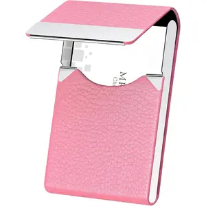 Professional Business Card Holder PU Leather Business Card Case Name Card Holder Slim Metal Pocket Card Holder with  Shut (Pink)