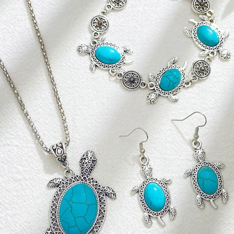 Women's Boho Style Bohemian Turquoise Texture Turtle Design Jewelry Set Including Necklace & Bracelet & Dangle Earrings, Vintage Trendy Fashionable Jewelry Set, Fashion Accessories for Women & Girls, Necklace and Earring Set Jewellery