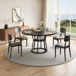 Garvee 120CM Farmhouse Round Dining Table with 2-Tier Storage Shelf, Heat and Scratch Resistant Surface, Sturdy Metal Base, Space-Saving Design for Kitchen or Dining Room, Black Finish (Table Only)