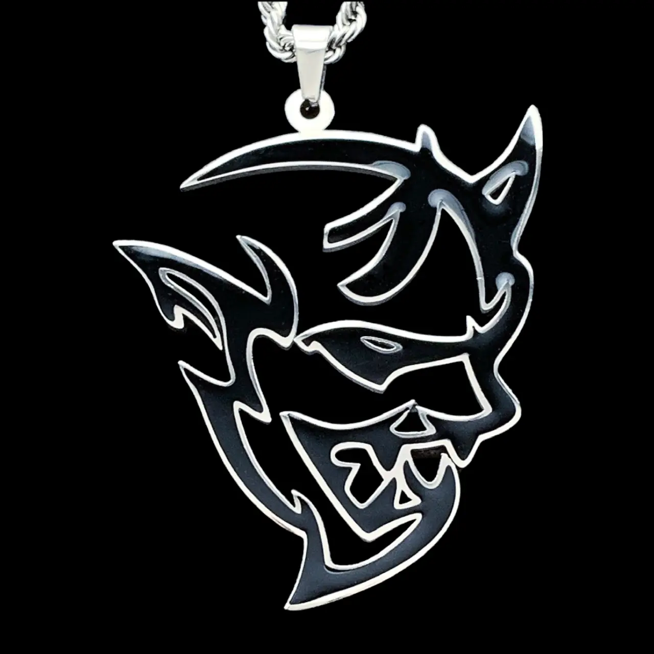 Black Demon Necklace SRT - 1.5" Mirror Polished Pendant in Stainless Steel with Black Enamel Laser Cut Hypoallergenic Choice of Chain Free Gift Included