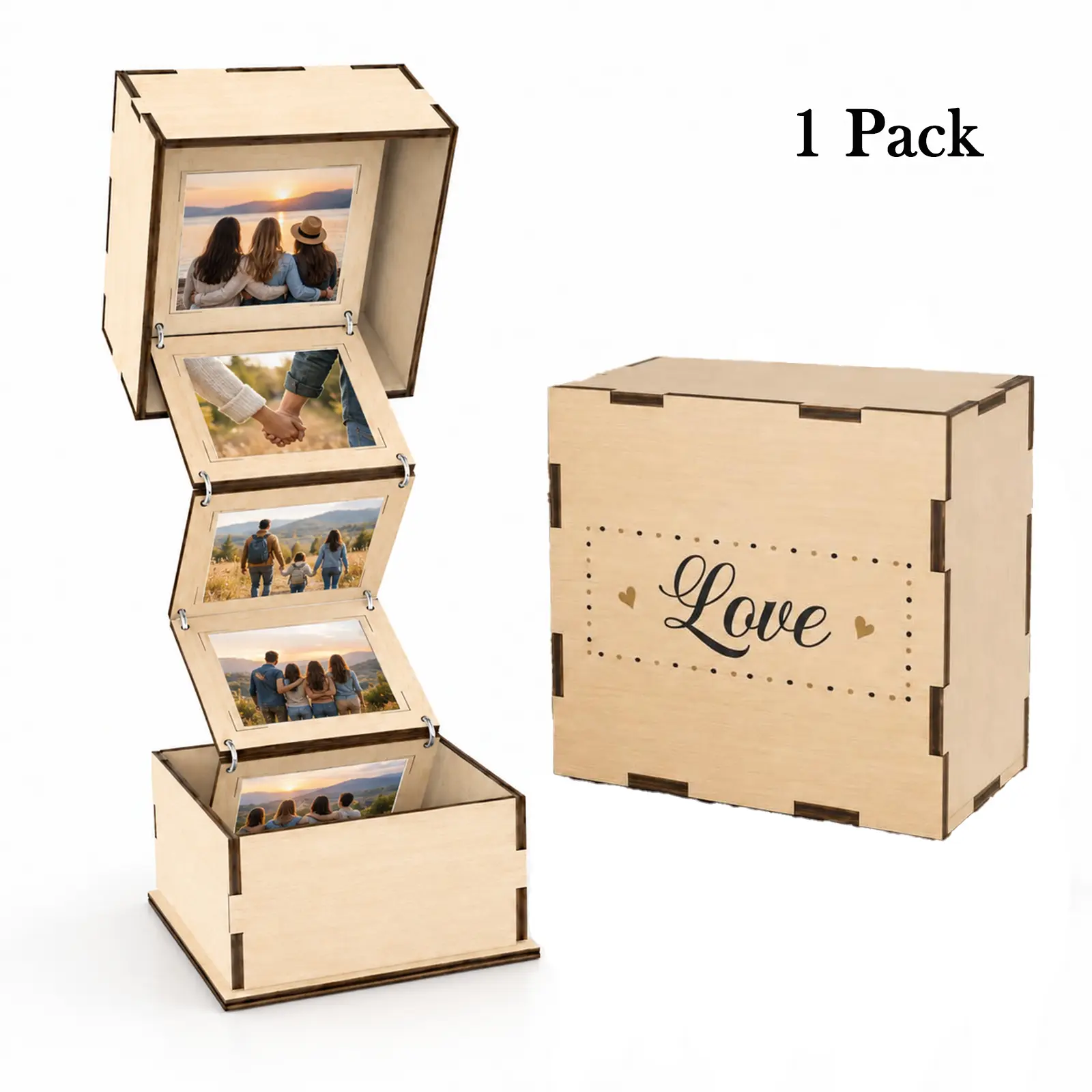 Wooden Keepsake Memory Box with Flip-Up Photo Display, Photo Storage Box for Wedding Birthday Anniversary, Rustic Photo Album Storage Box for Cherished Photos, 1 Pack