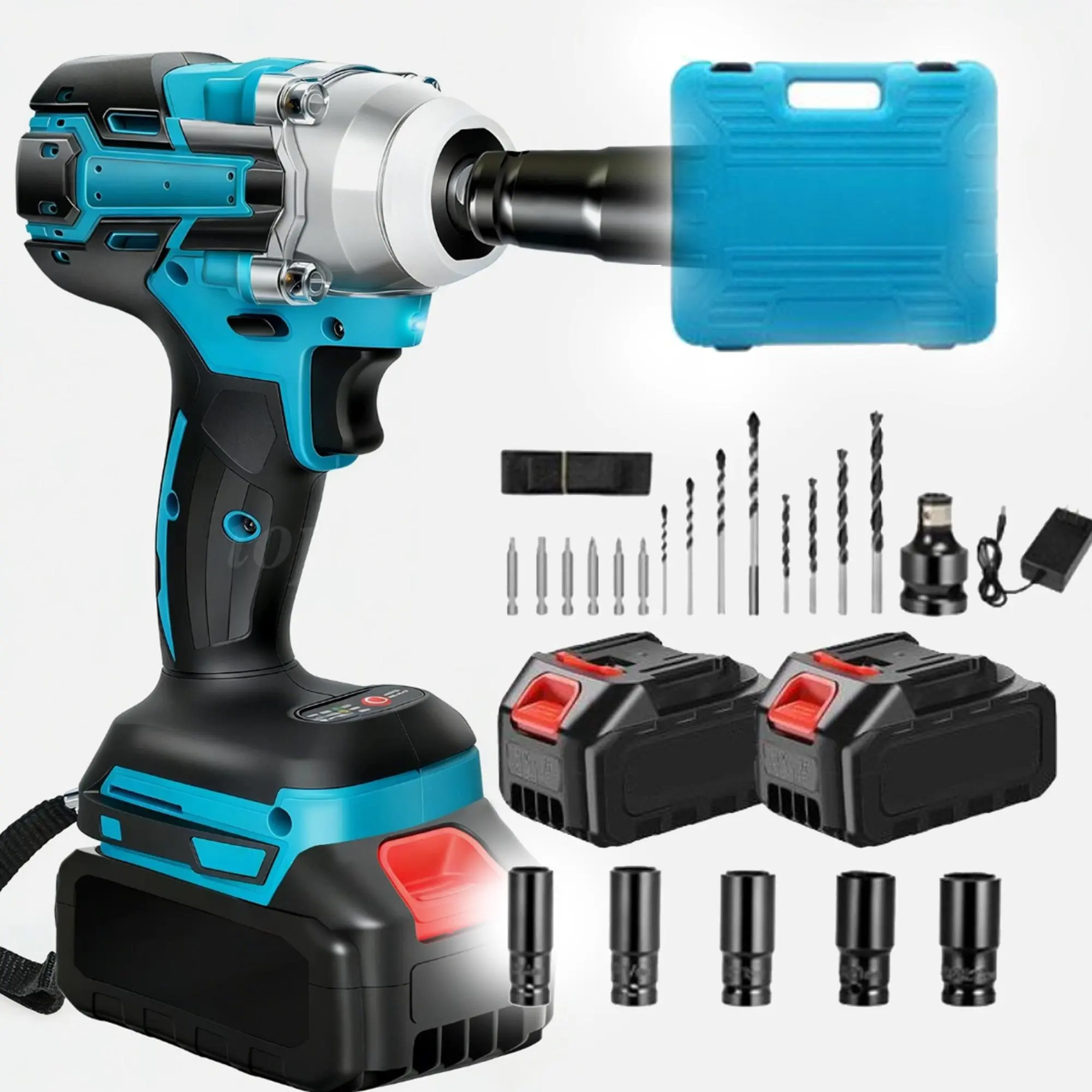 3-in-1 High Torque Cordless Impact Gun 1/2" Drive Complete Kit with Sockets, Drill Bits & Storage Case