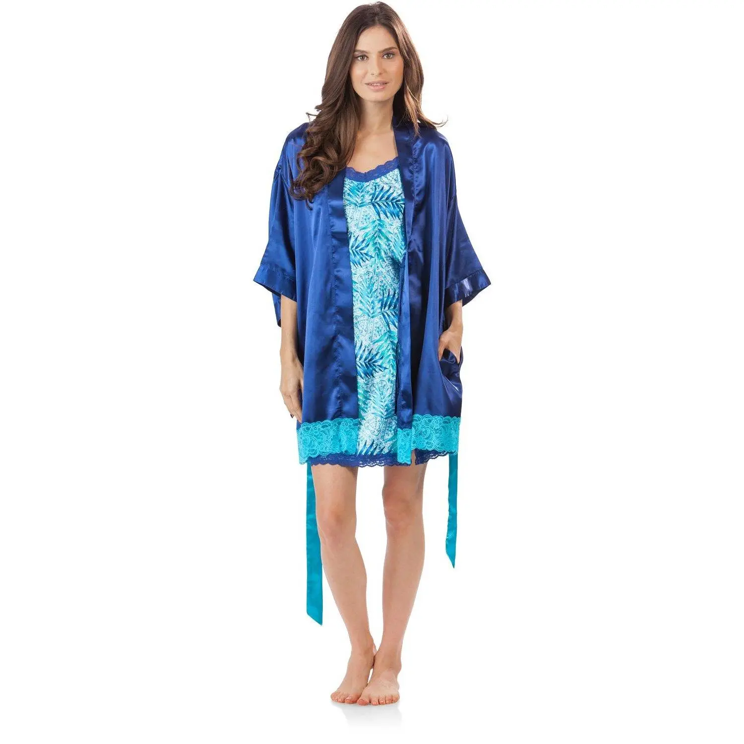 Ashford & Brooks Women's Lightweight Silky Satin Robe Set, Lacy Kimono Bathrobe and Spaghetti Strap Chemise Nightgown