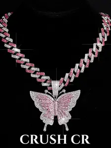 CRUSH CR Y2K Iced Out Butterfly Necklace, for Women Teens Sparkly Pave Butterfly Pendant with Pink CZ Stones Thick Cuban Link Chain Lightweight Statement-Making Ideal for Festival Rave Outfits Baddie Aesthetic, Iced Out Jewelry