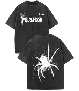 Men's Cotton Oversized Acid Washed T-Shirt Spider Graphic Printed Tee Streetwear Casual Top Tshirt Crewneck