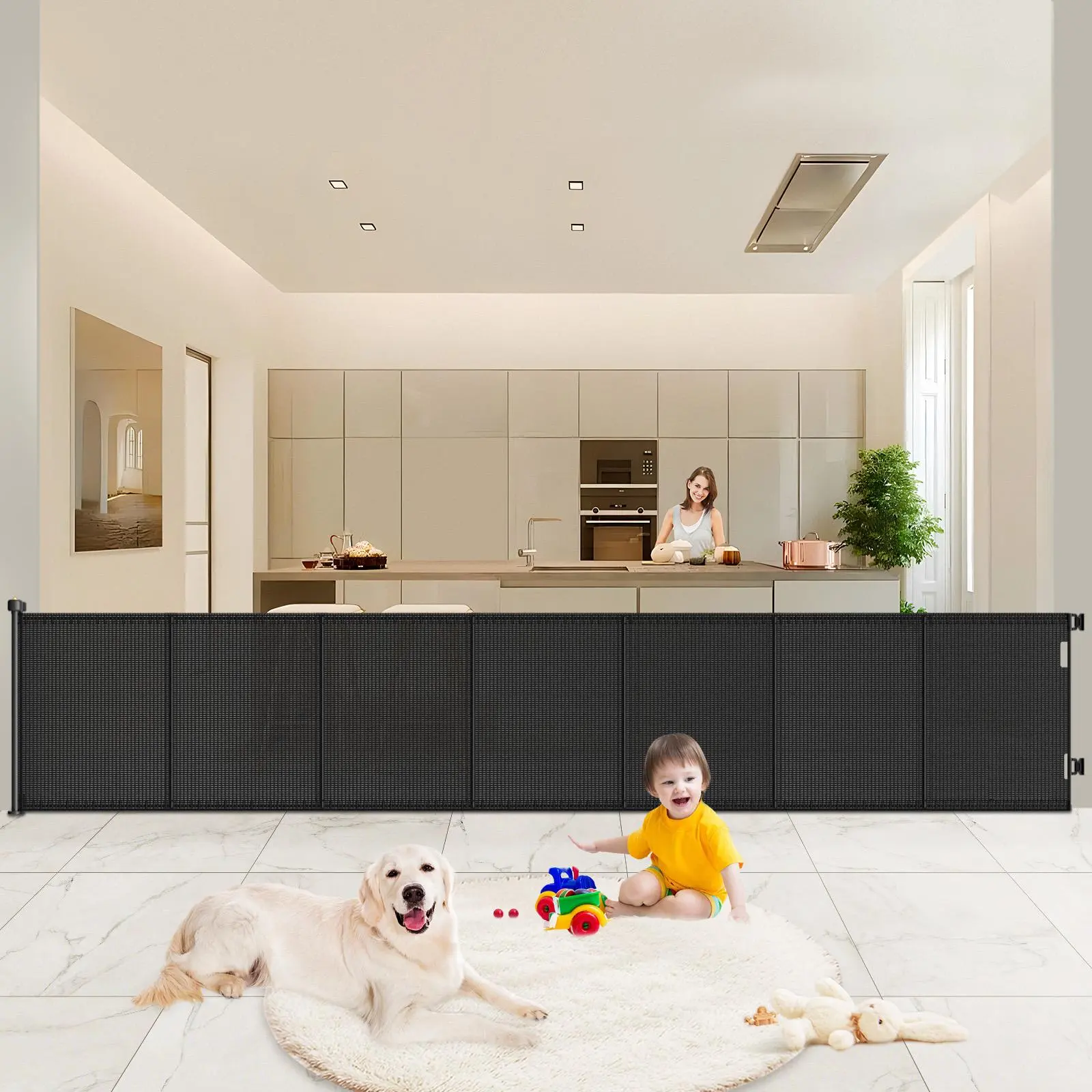 Pawtners Extra Wide Retractable Dog Gate - Heavy Duty Mesh Grid Safety Barrier, 34"-41" Tall, 1-Hand Operation, Safety Tested, Space Saving, Sliding Door Compatible, Indoor Outdoor Use (Stairs, Hallways)