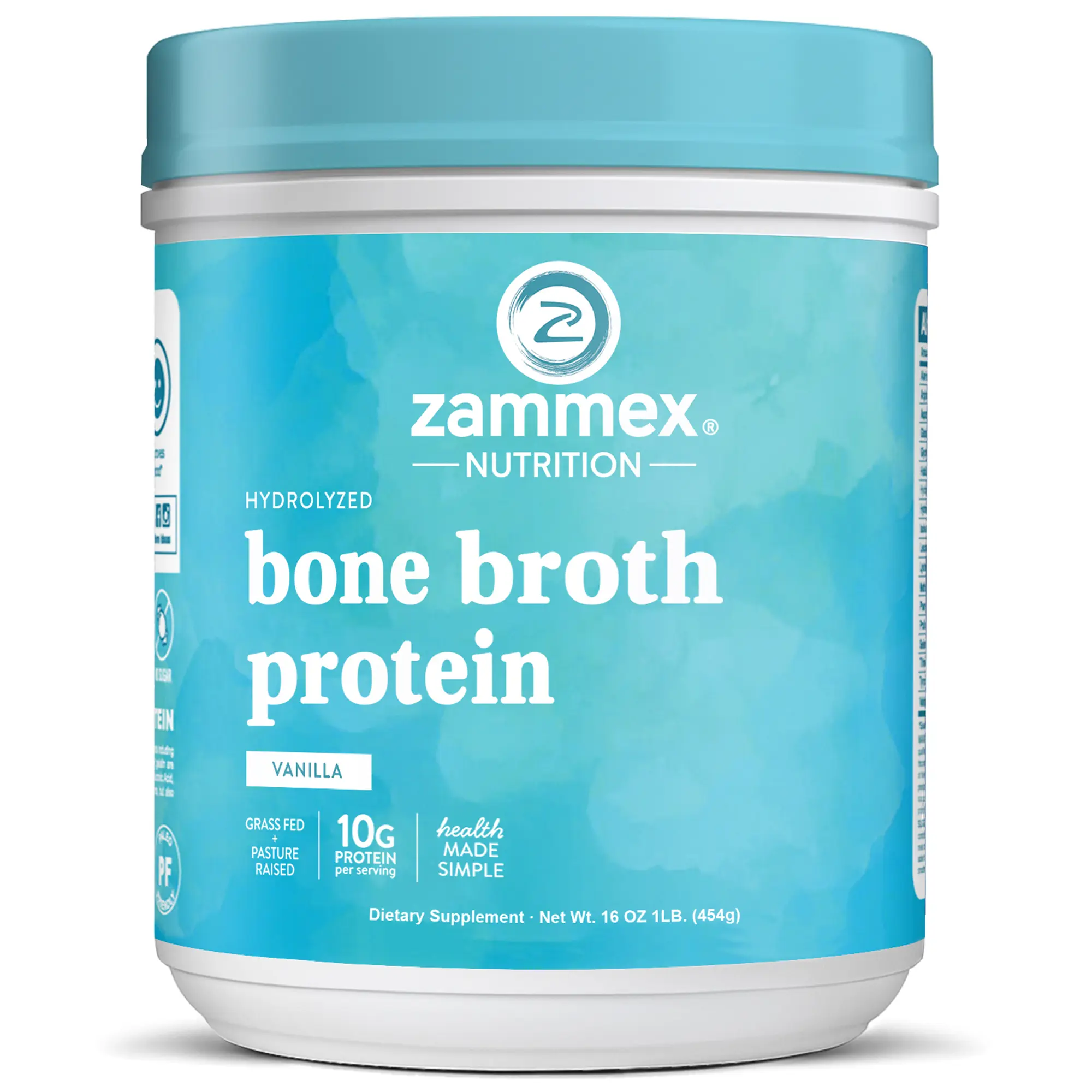 Zammex Grass-Fed Bone Broth Protein Powder - Vanilla, Hydrolyzed Type 1 & 3 Collagen Peptides, 1lb Basic Health Supplements, Sugar-Free, Gluten-Free for Body Health (Hair, Skin, Joints) Beauty Supplement
